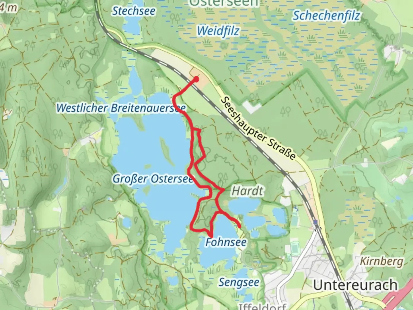 An image depicting the trail Grosser Ostersee via Osterseen Wanderweg and its surrounding area.