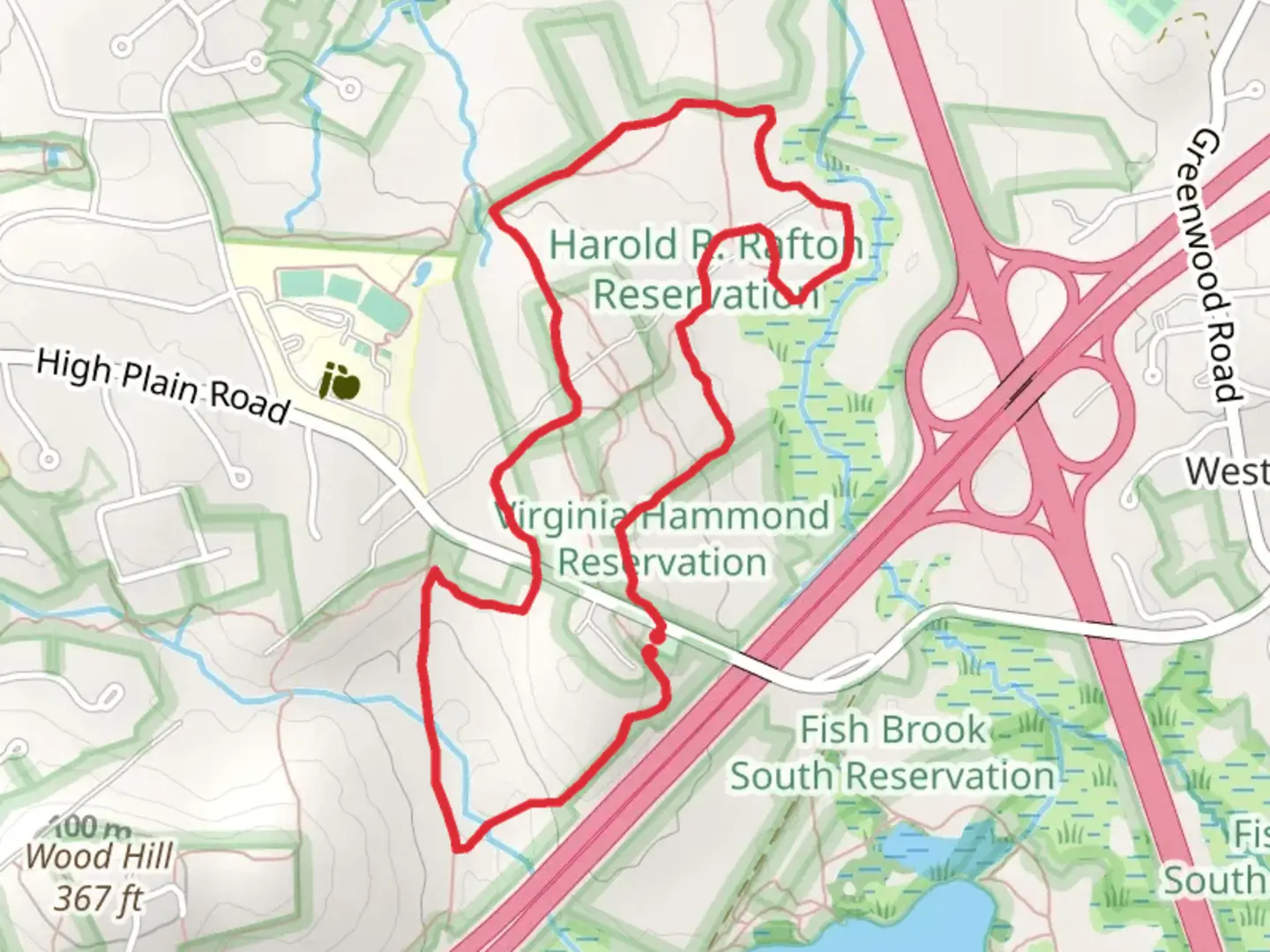 An image depicting the trail High Plain Reservation - Wood Hill Road and its surrounding area.