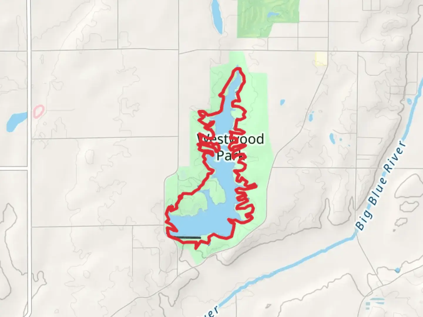 An image depicting the trail Westwood Park Loop and its surrounding area.