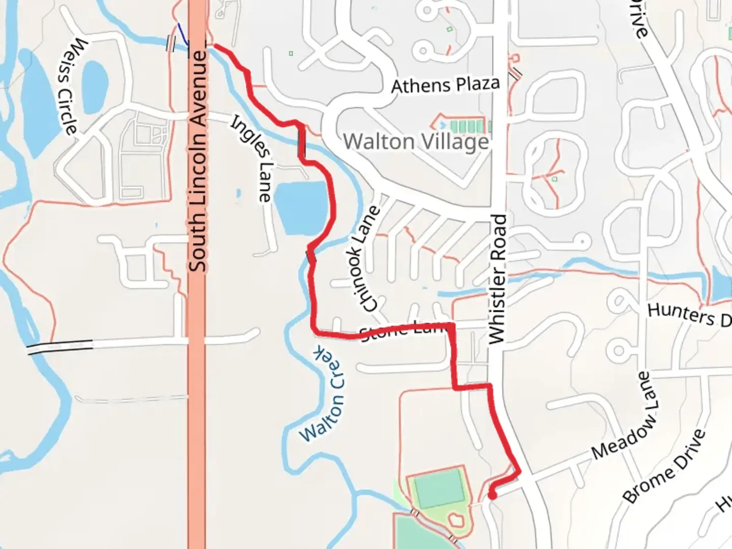 An image depicting the trail Walk Creek Walk from Meadow Lane and its surrounding area.