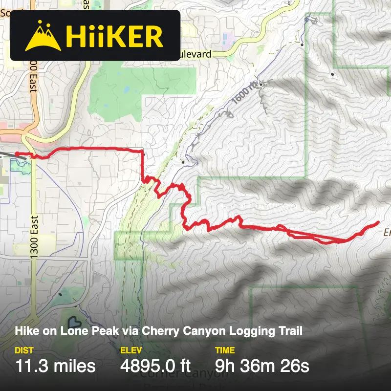 A map preview of the recording Hike on Lone Peak via Cherry Canyon Logging Trail.