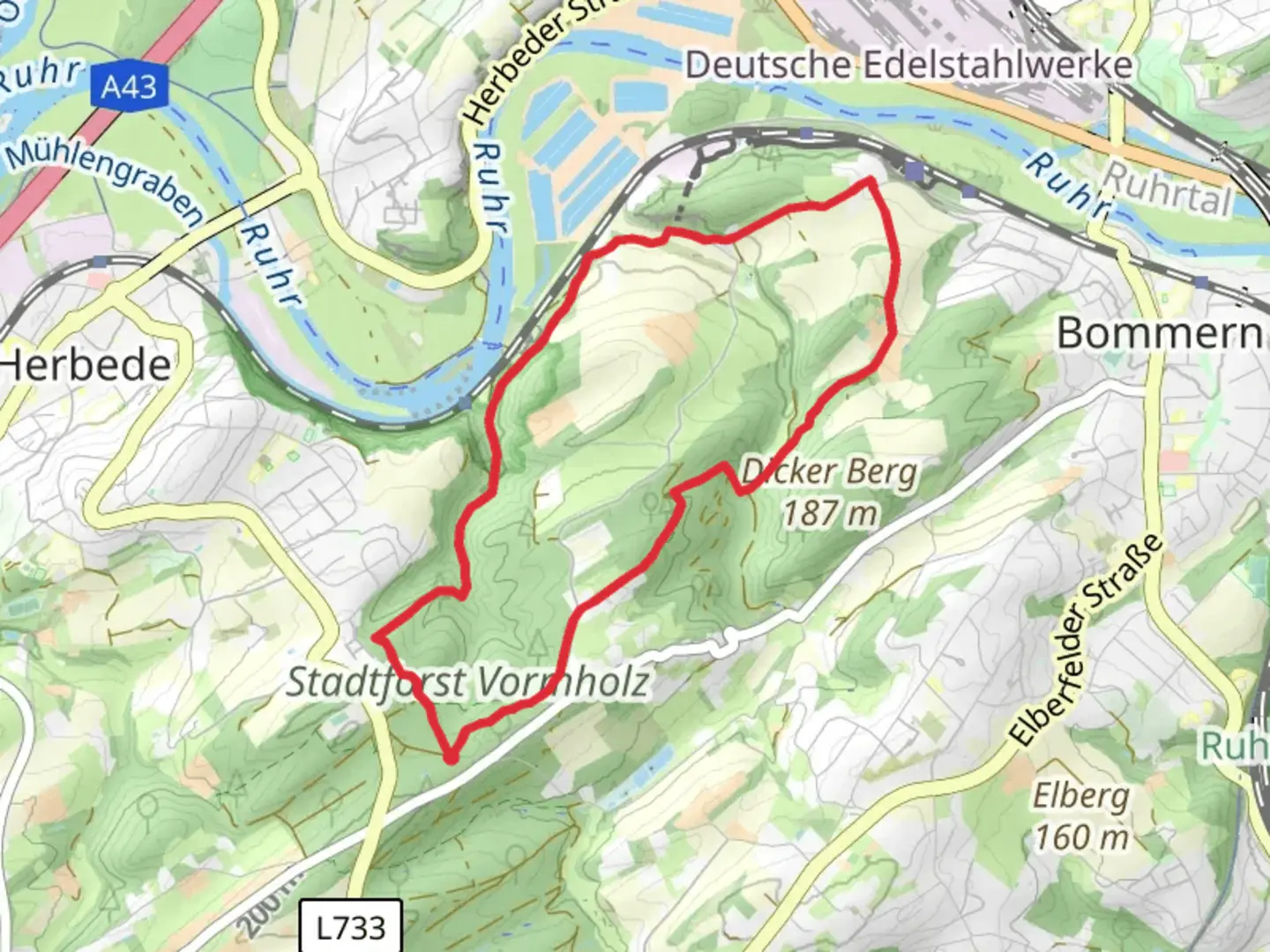 An image depicting the trail Stadtforst Vormholz, Ruine Hardenstein and Gopel Loop and its surrounding area.