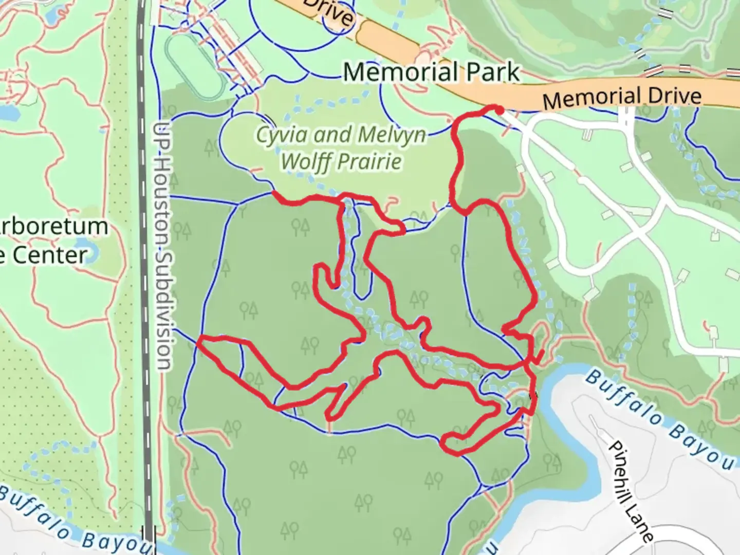 An image depicting the trail Memorial Park - Blue, Orange, and Red Loop Trail and its surrounding area.