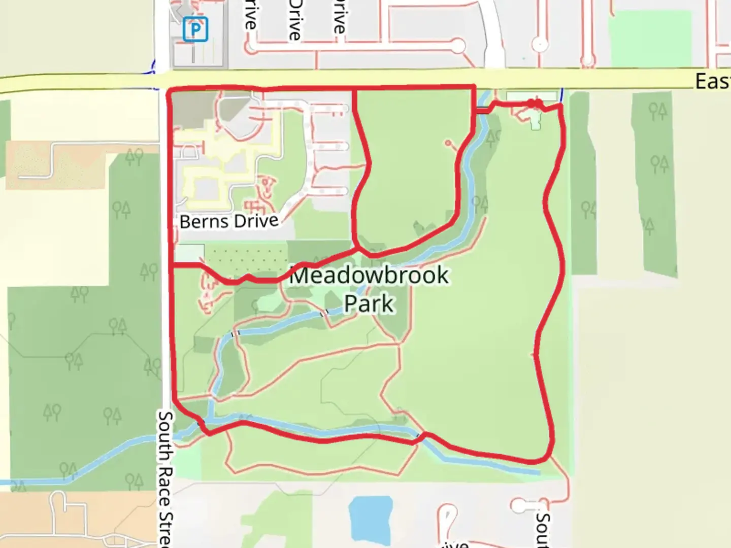 An image depicting the trail Meadowbrook Park Loop and its surrounding area.