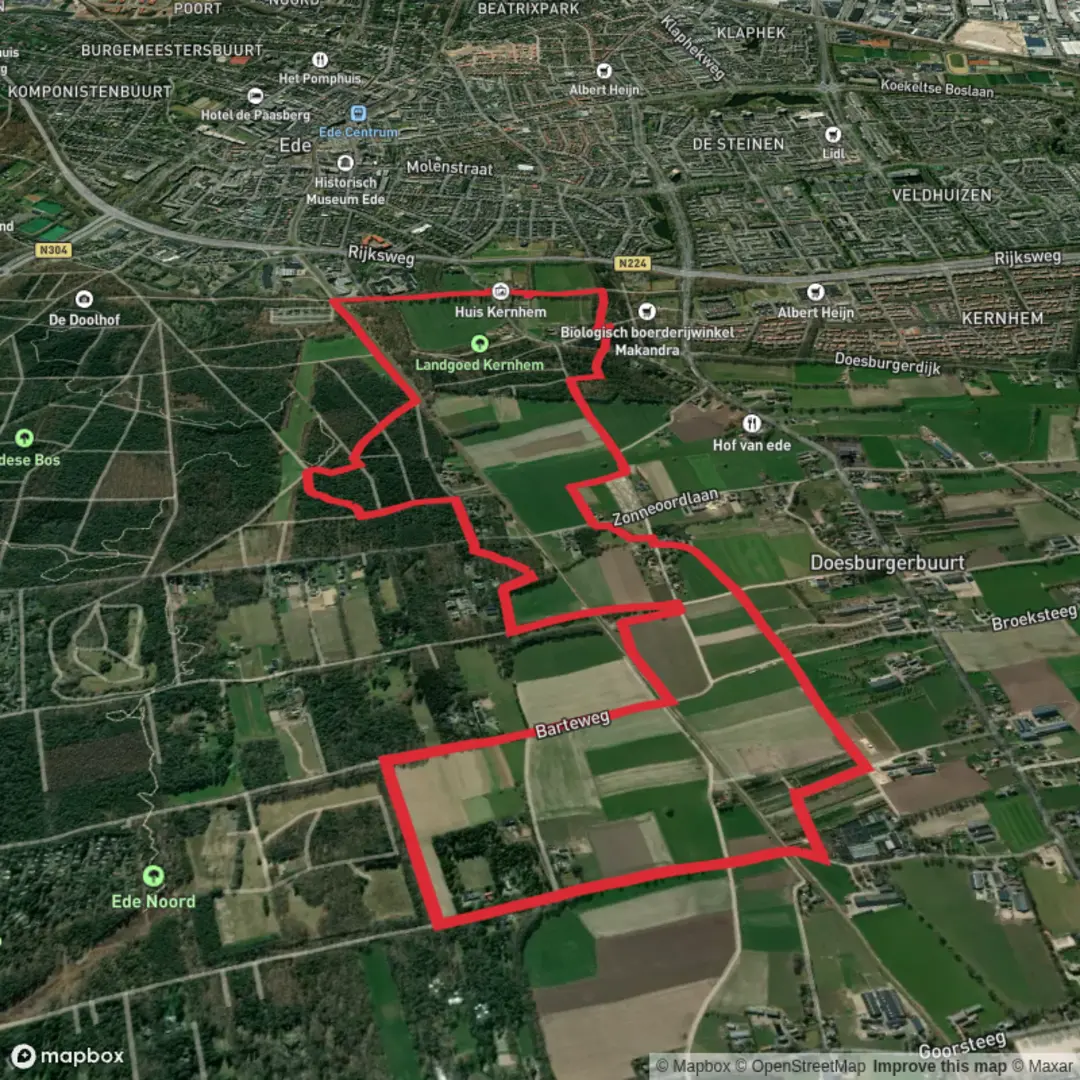 An image depicting the trail Landgoed Kernhem and Doesburger via Pete Weg and its surrounding area.