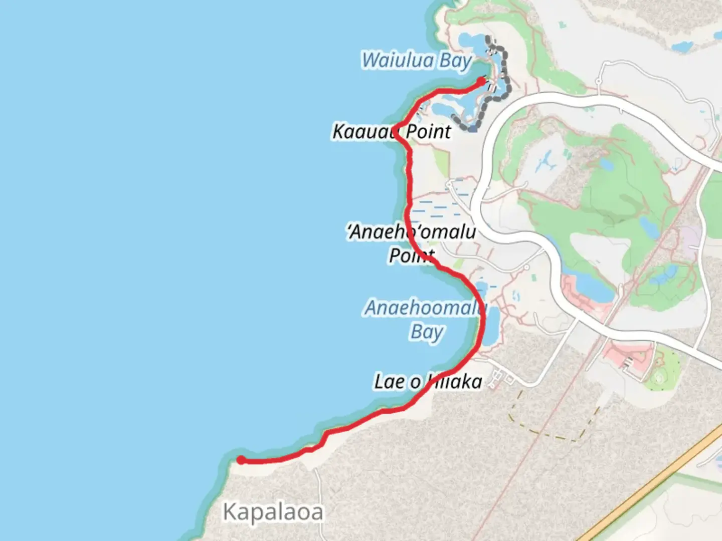 An image depicting the trail Anaehoomalu Beach via Fisherman Trail and its surrounding area.