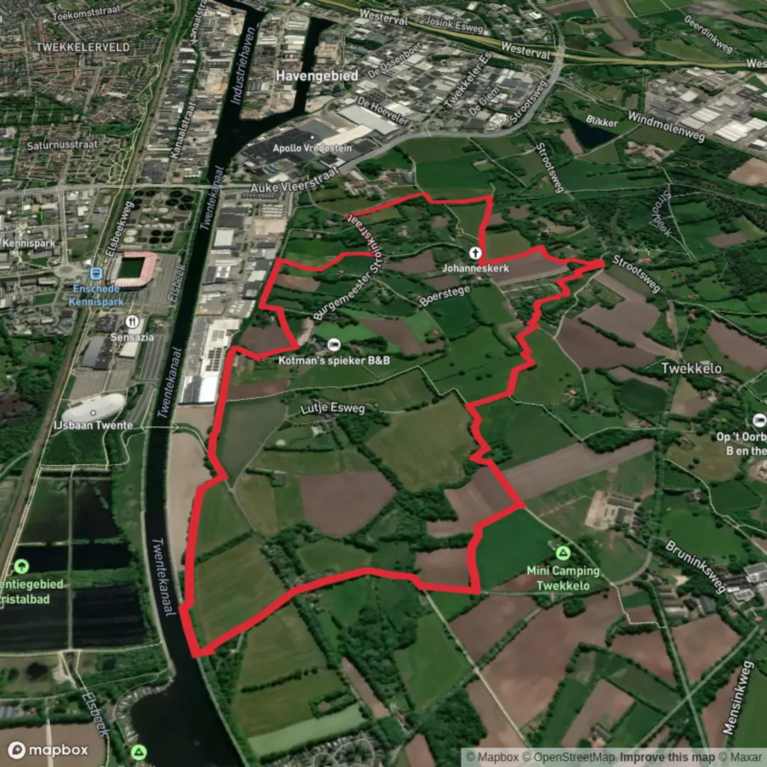 An image depicting the trail Zoutwinning and Nijhuis via Rondje Hengelo and Twekkelo Rode Route and its surrounding area.