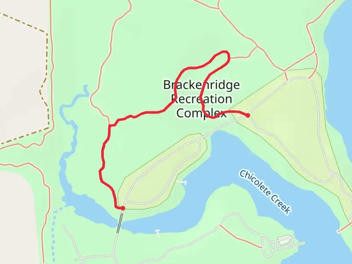 An image depicting the trail Brackenridge Recreation Complex and its surrounding area.