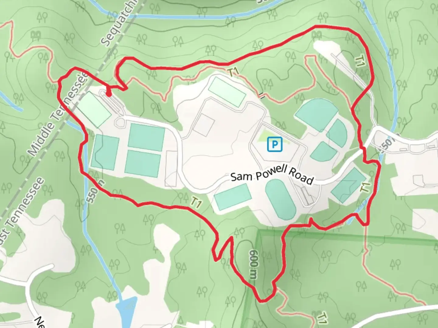 An image depicting the trail Shackleford Park Blue and Yellow Loop Trail and its surrounding area.