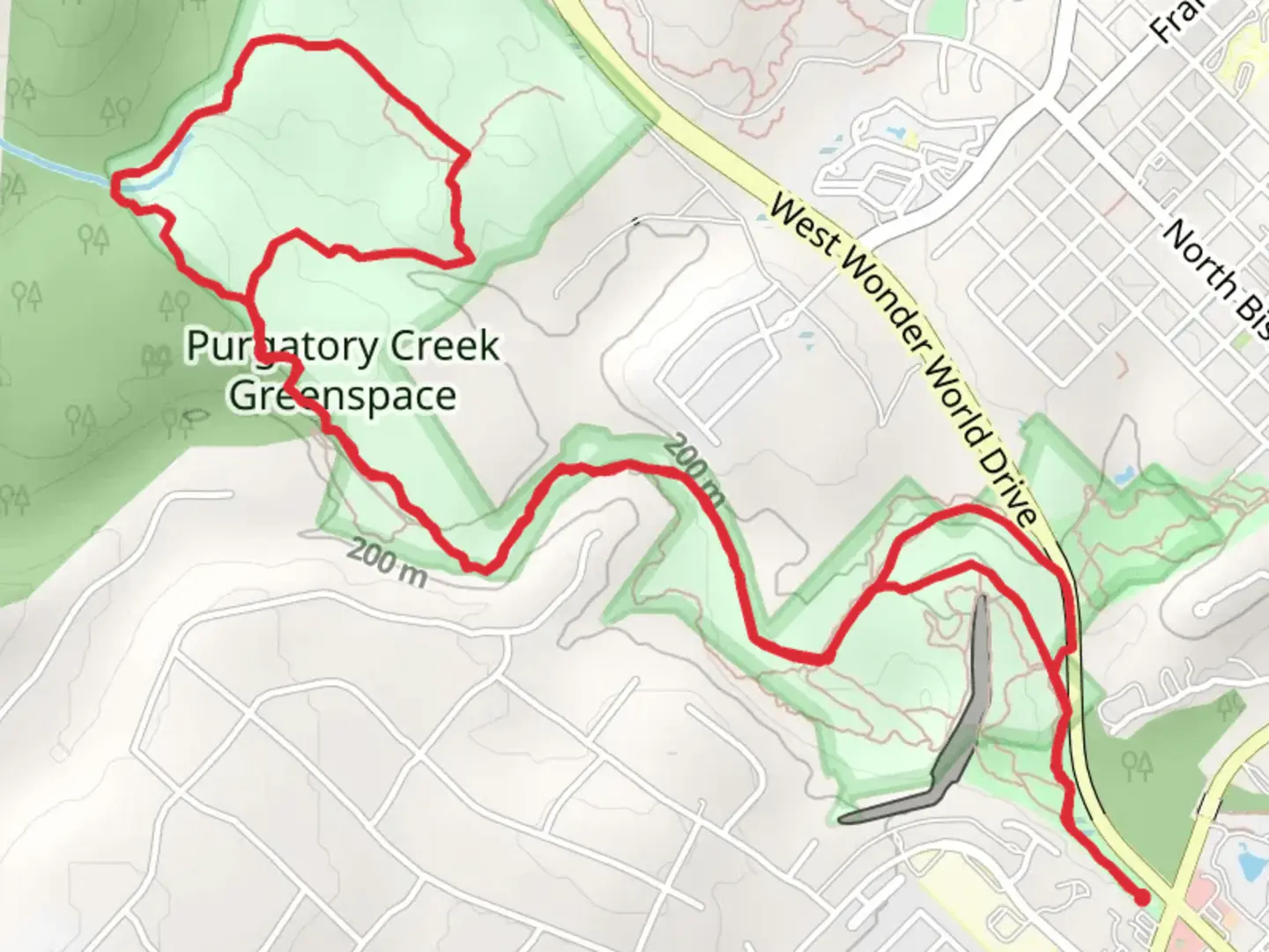 An image depicting the trail Purgatory Creek Loop and its surrounding area.