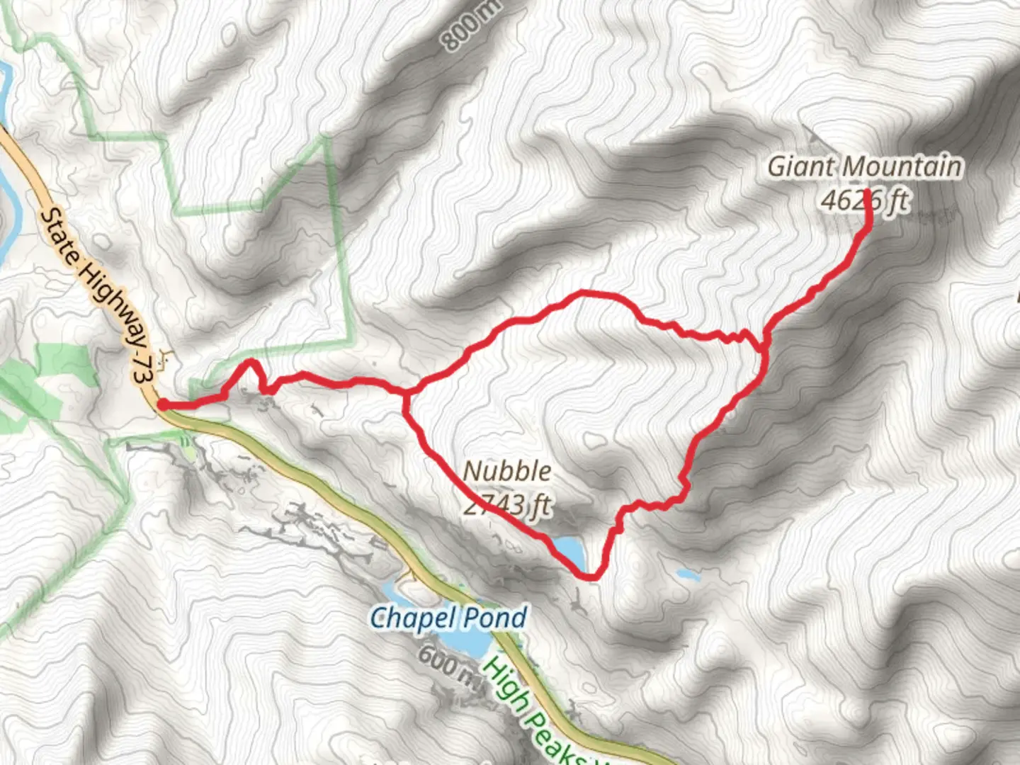 An image depicting the trail Giant Washbowl and Giant Mountain Loop via Roaring Brook Trail and its surrounding area.