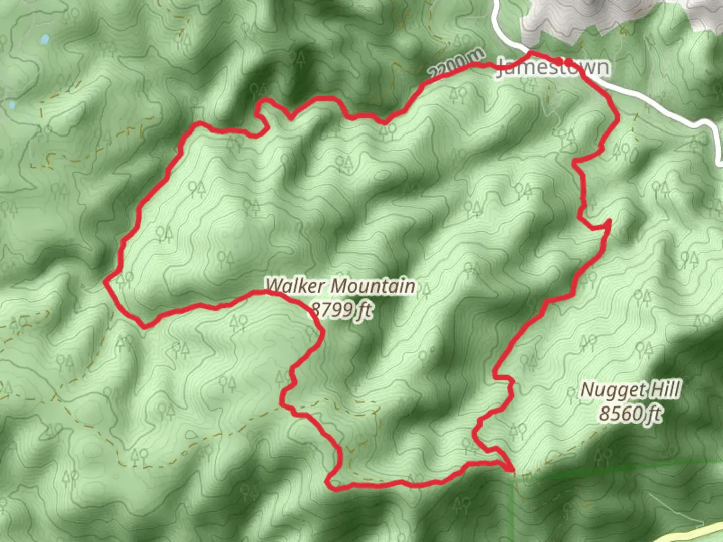 An image depicting the trail Loop around Walker Mountain - Jamestown and its surrounding area.