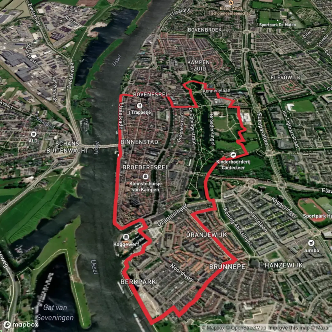 An image depicting the trail Ijssel via Ijssel Kampen Groene Route and its surrounding area.