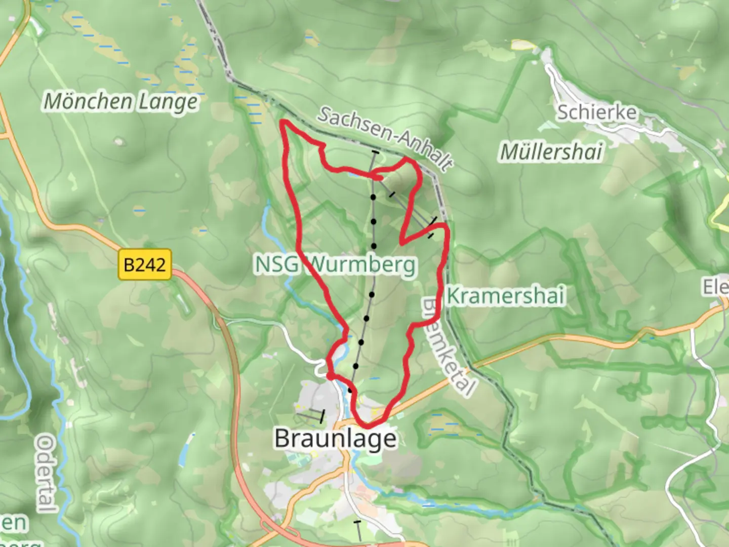 An image depicting the trail Wurmberg and Speichersee Wurmberg via Große Bodestraße and its surrounding area.