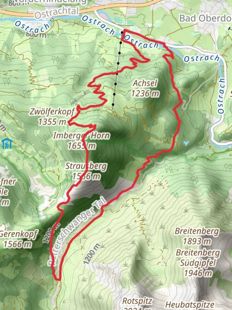 An image depicting the trail Burgschrofen, Imberger Horn, Strausberg and Hornkapelle Loop and its surrounding area.
