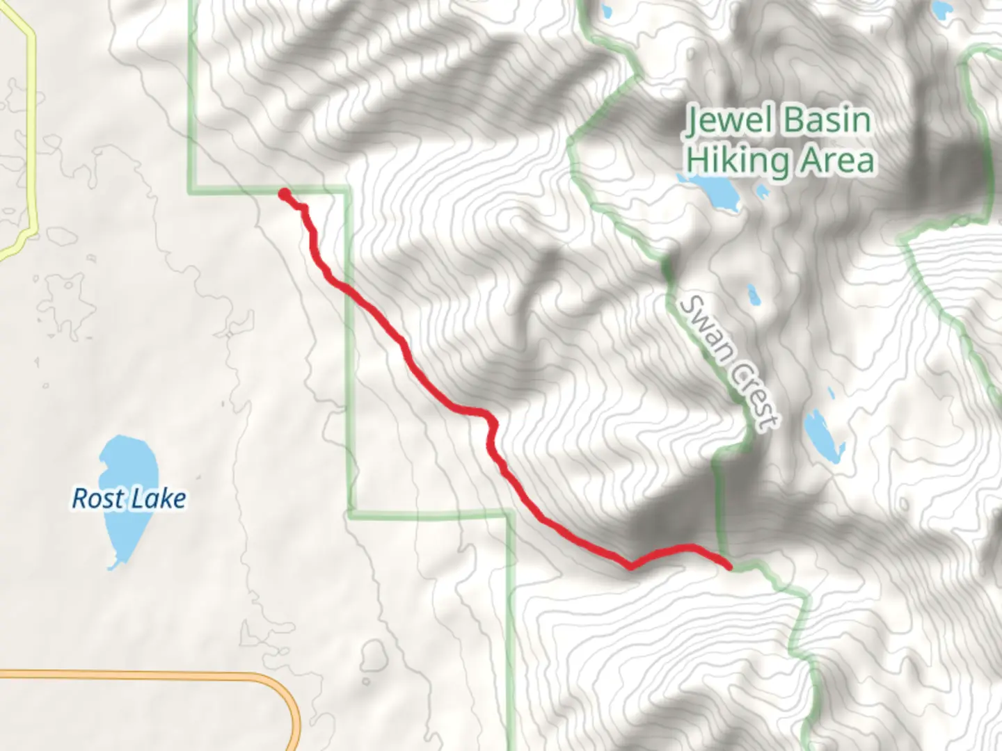 An image depicting the trail Crater Mountain from Jewel Basin Road and its surrounding area.