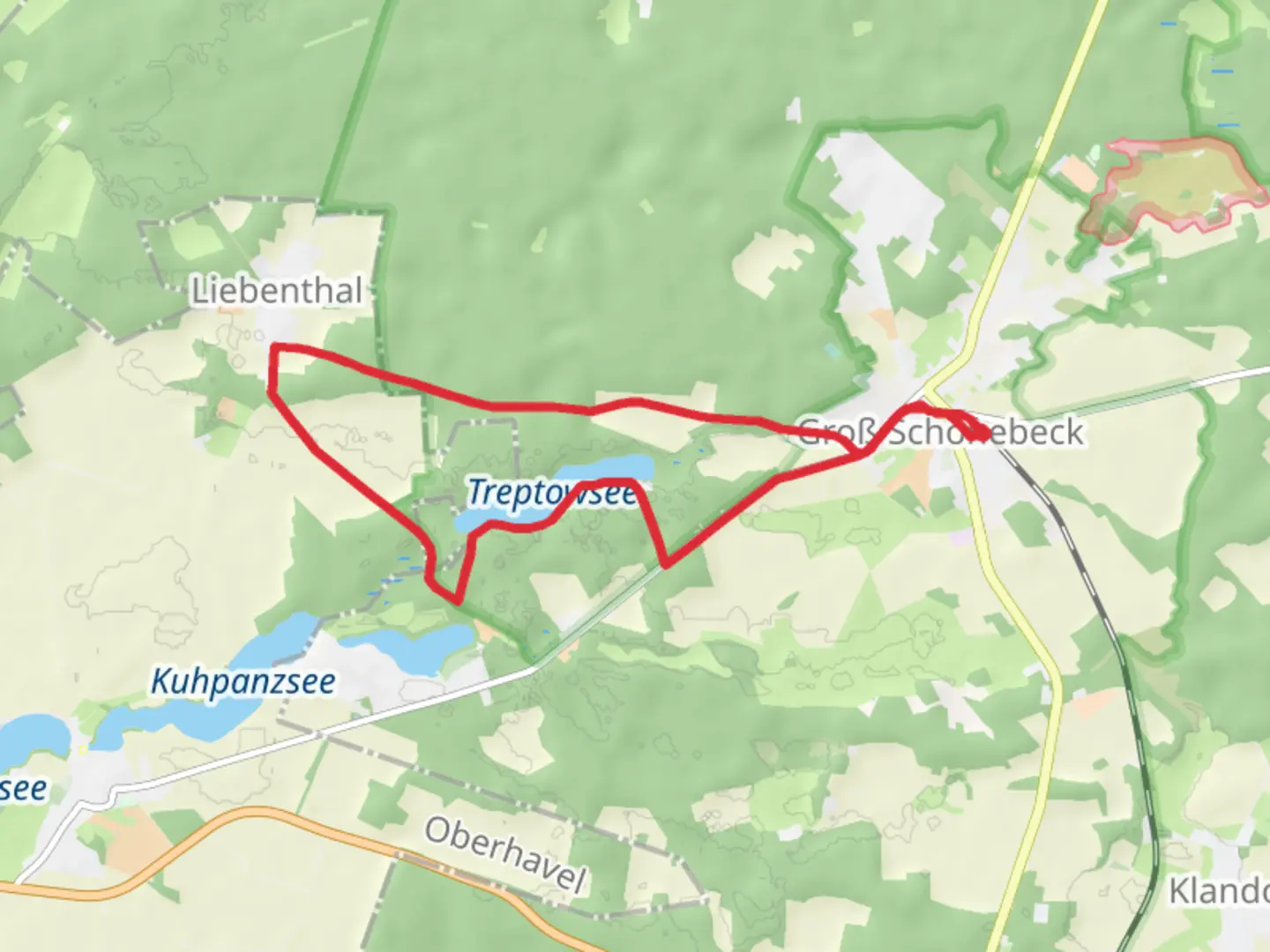 An image depicting the trail Treptowsee via Gruener Balken and its surrounding area.