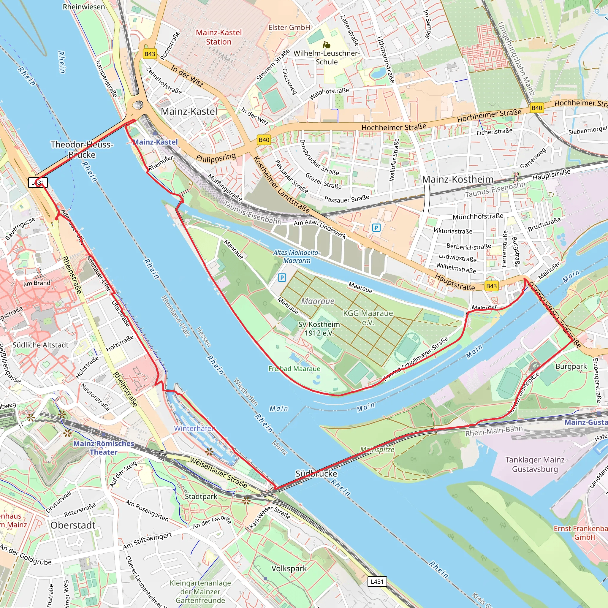 Theodor Heuss Bridge to Mainbrücke Kostheim-Gustavsburg Loop via River Rhine - Mainz mobile static map