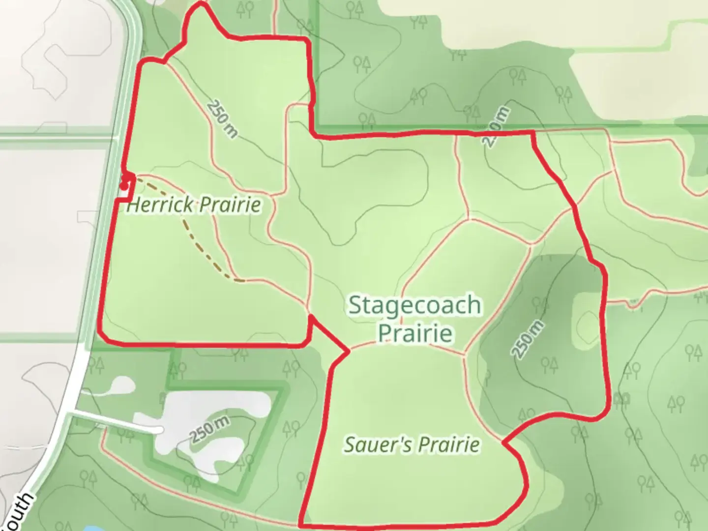 An image depicting the trail Herrick Prairie and Sauer's Prairie Loop and its surrounding area.