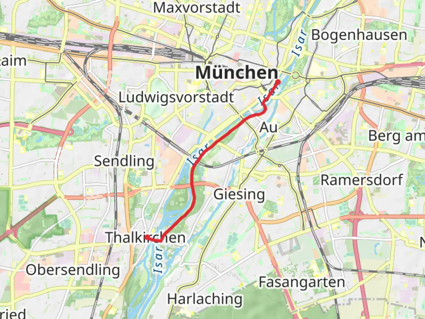 An image depicting the trail Thalkirchen to Lukaskirche via Wehrsteg and its surrounding area.