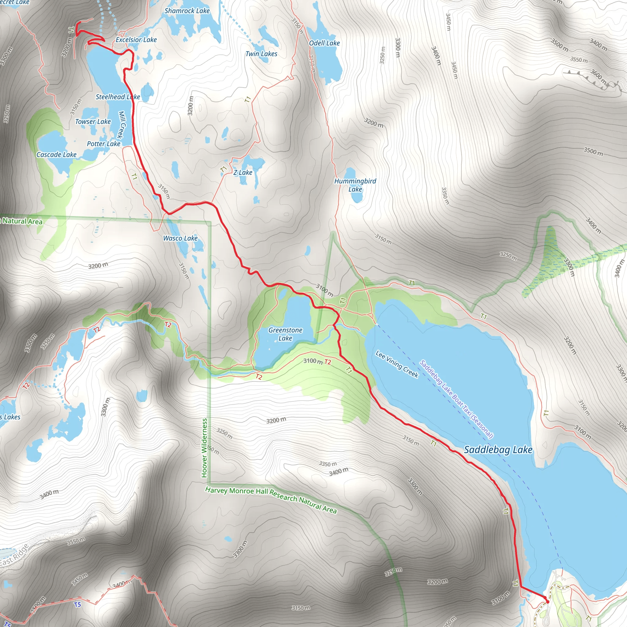 Hess Mine, Steelhead Lake and Greenstone Lake via Saddlebag Lake Trail mobile static map