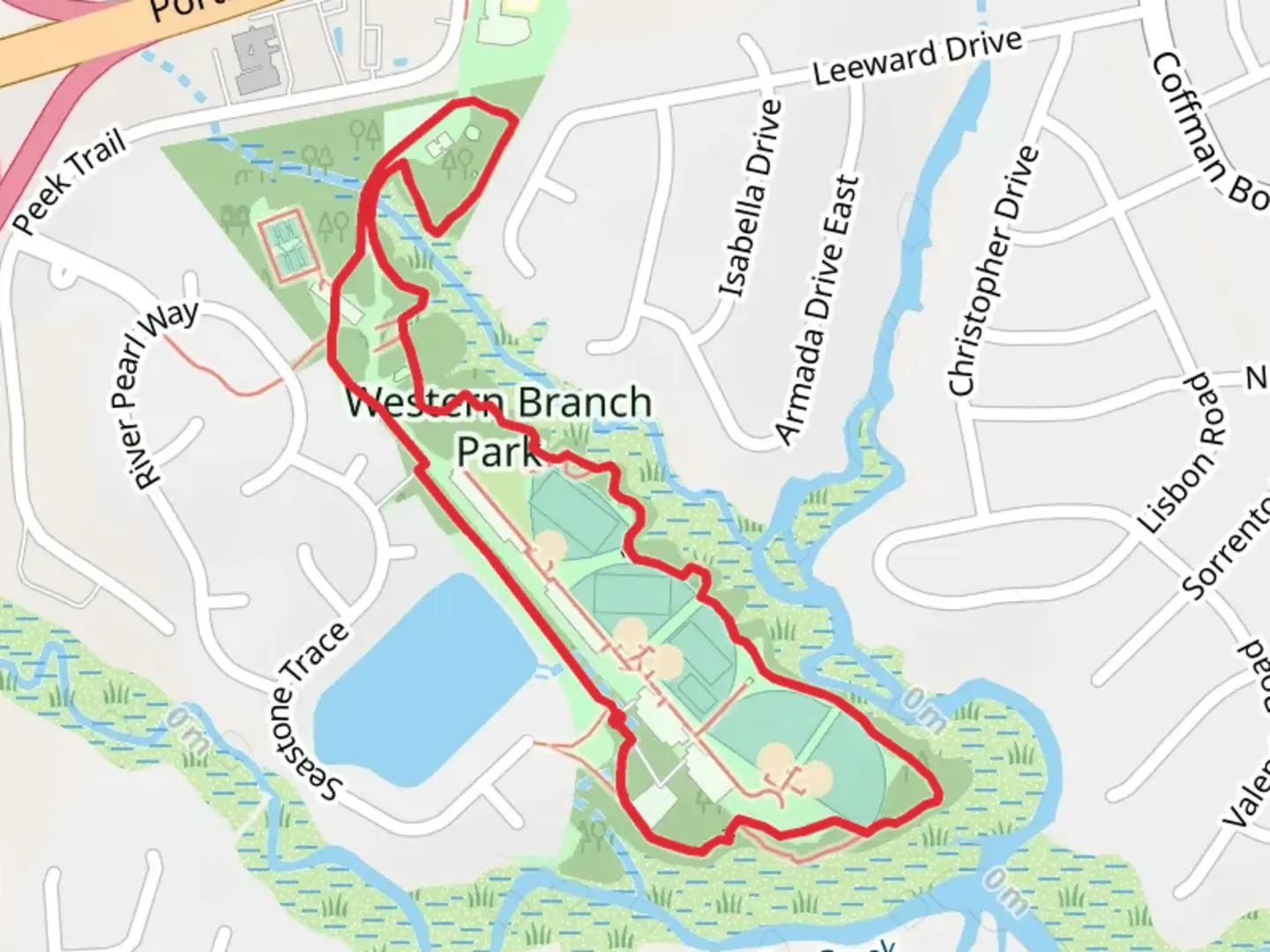 An image depicting the trail Western Branch Park Loop and its surrounding area.