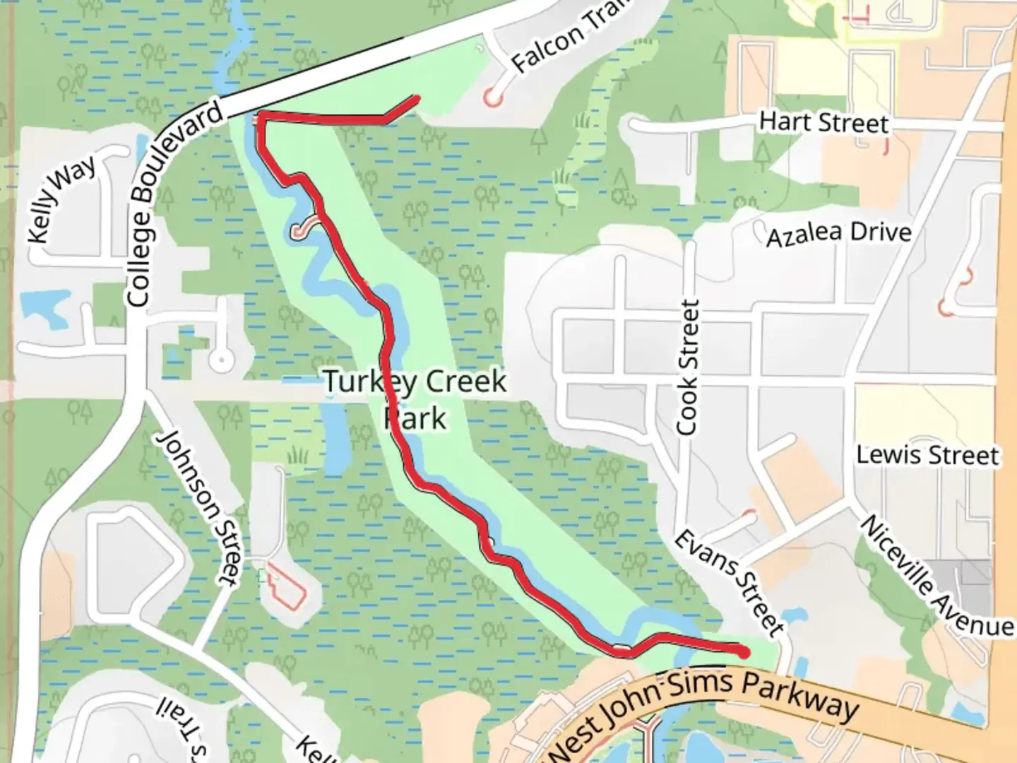 An image depicting the trail Turkey Creek Park and its surrounding area.