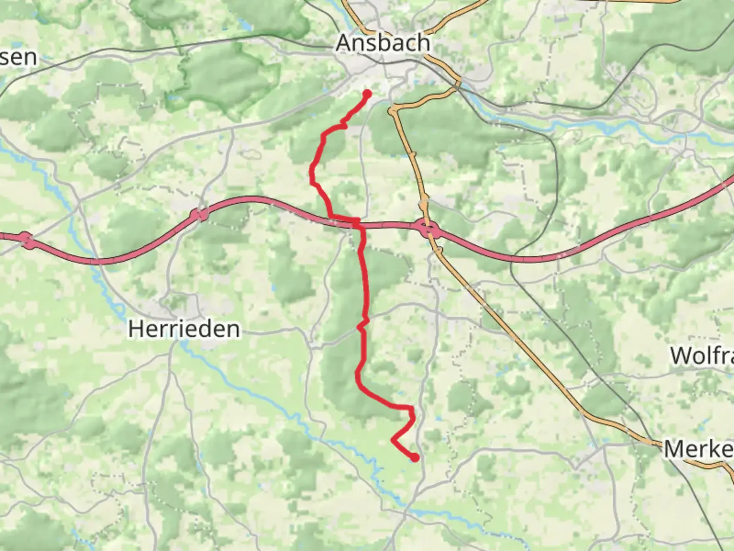 An image depicting the trail Ansbach - Sommersdorf and its surrounding area.