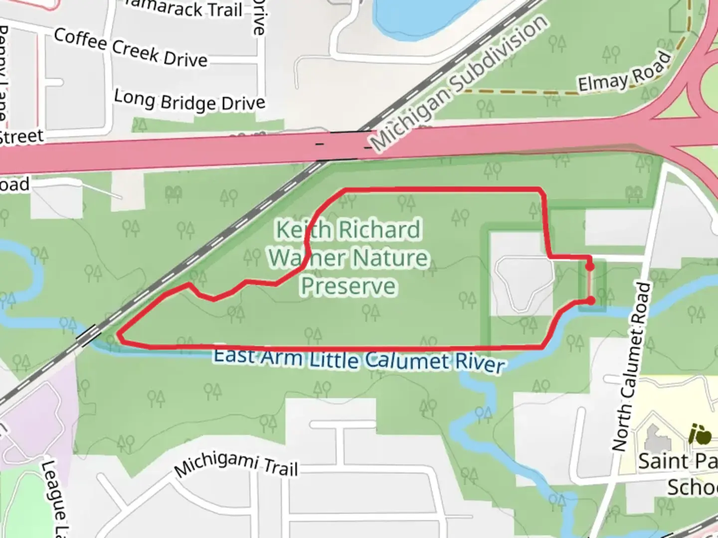An image depicting the trail Keith Richard Walner Nature Preserve Hiking Loop Trail and its surrounding area.