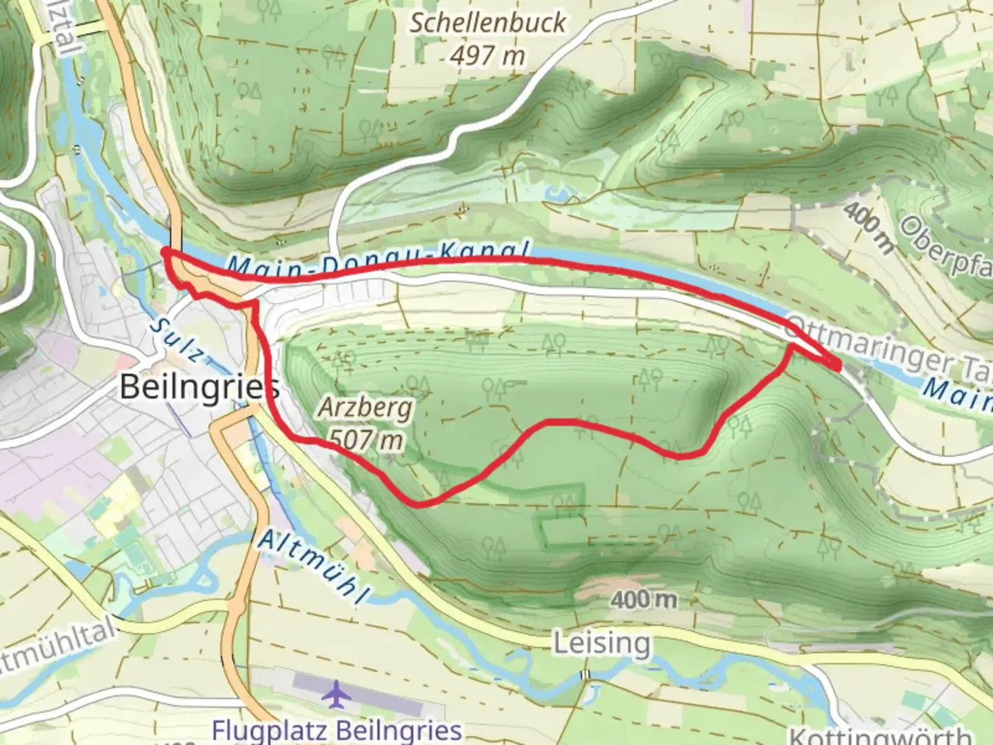 An image depicting the trail Main Donau Kanal via Arzberg Meile and its surrounding area.