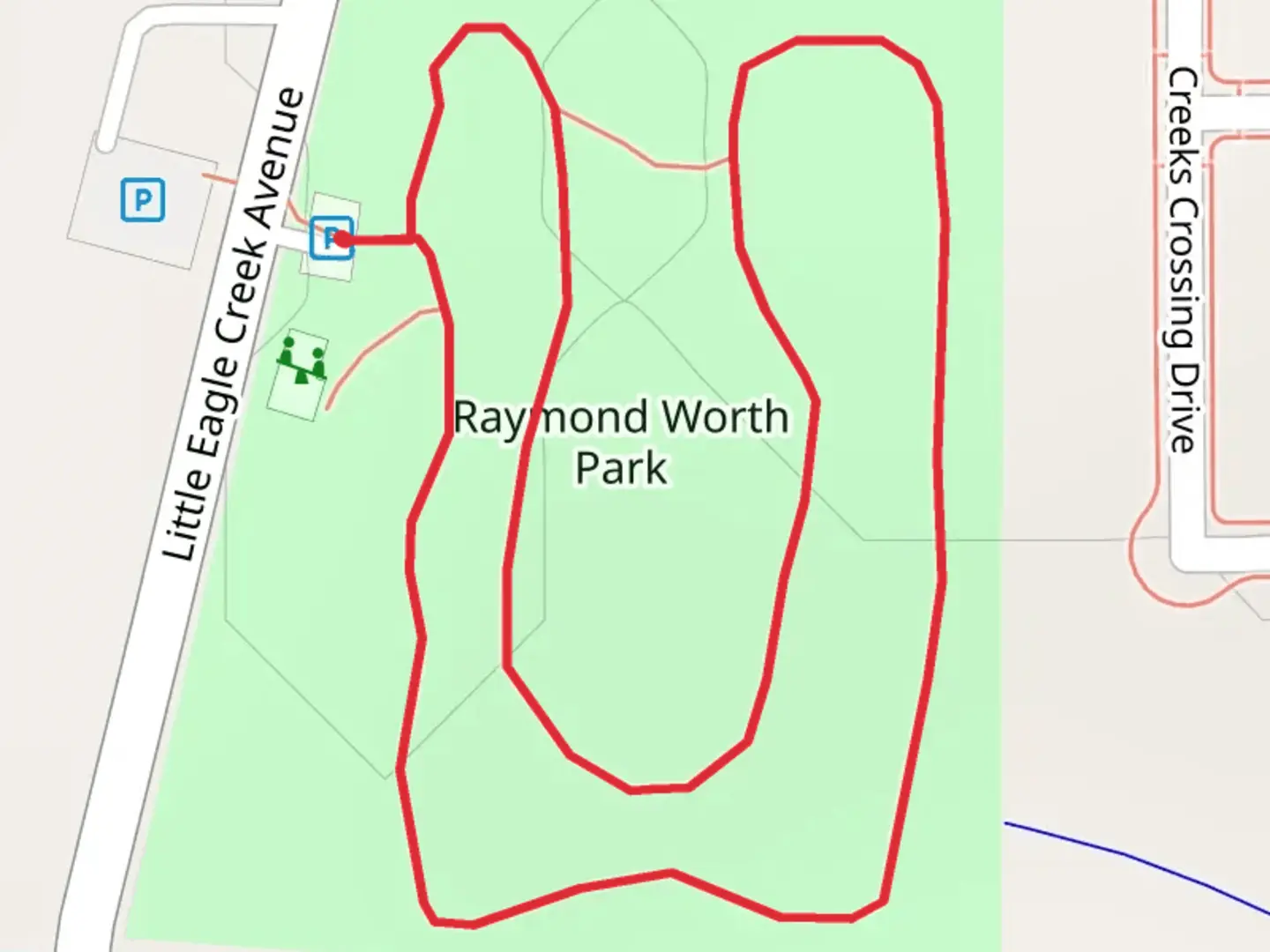 An image depicting the trail Raymond Worth Park Loop and its surrounding area.