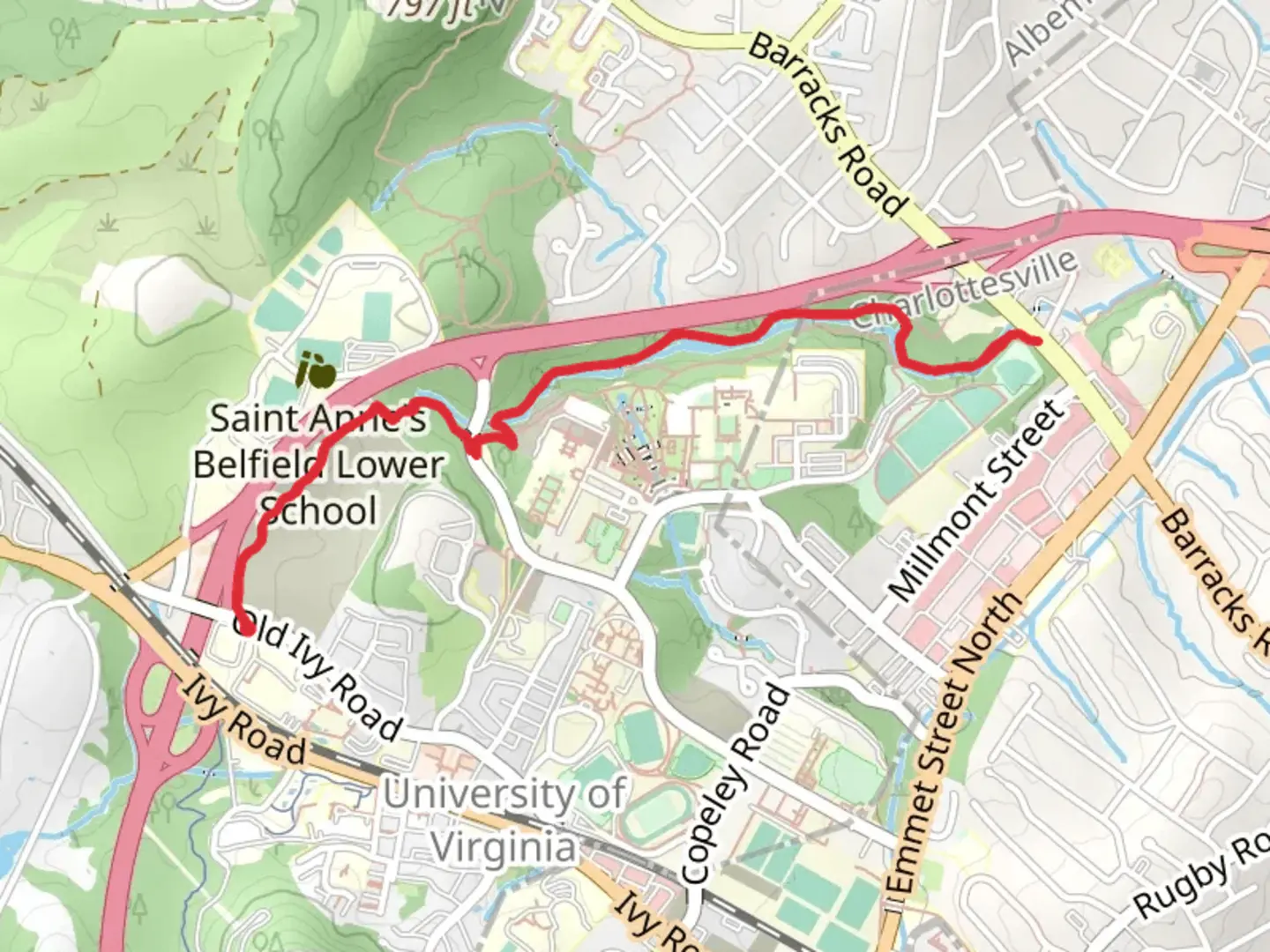 An image depicting the trail Rivanna Trail - RTF and its surrounding area.