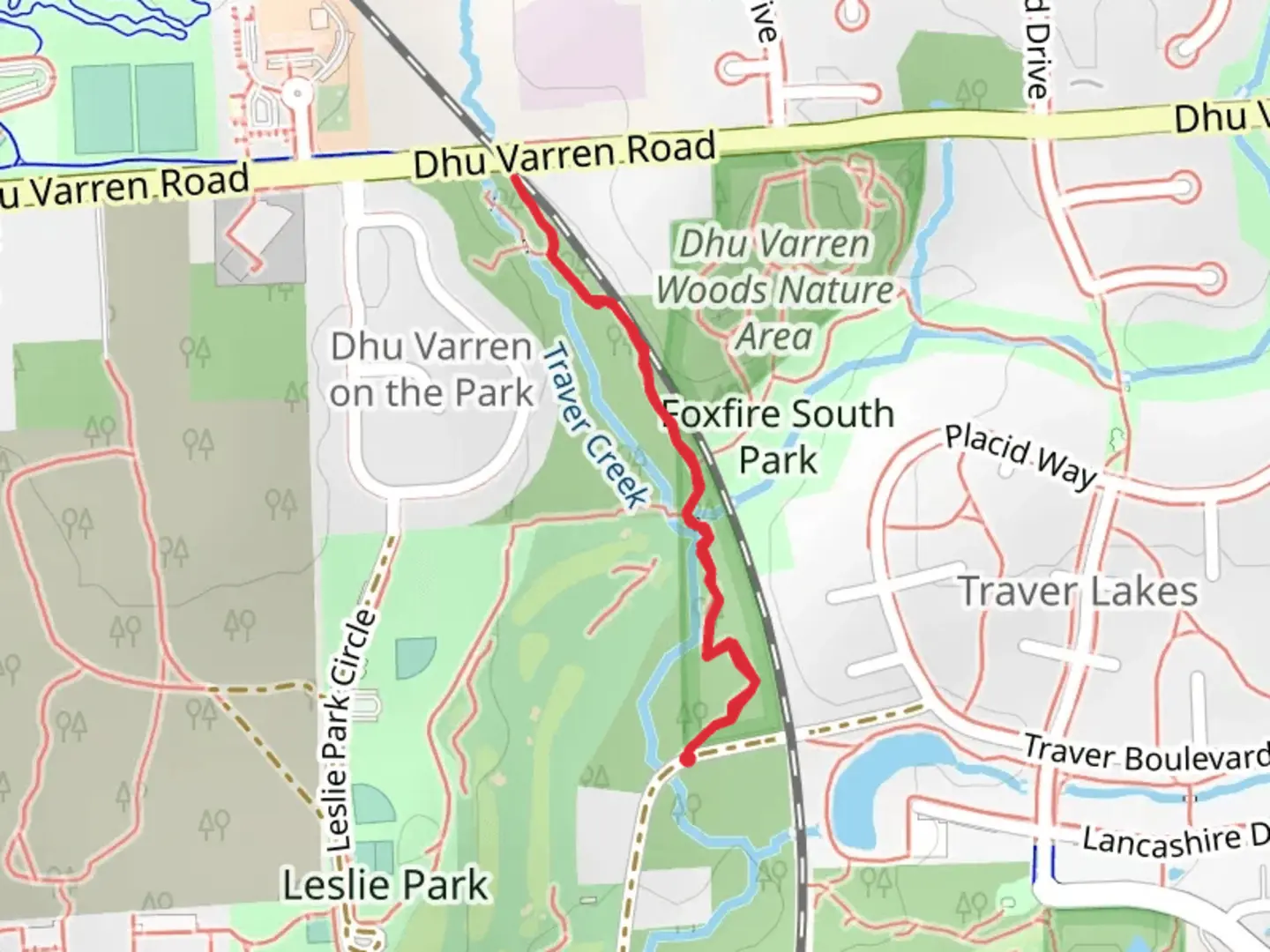 An image depicting the trail Traver Creek and its surrounding area.