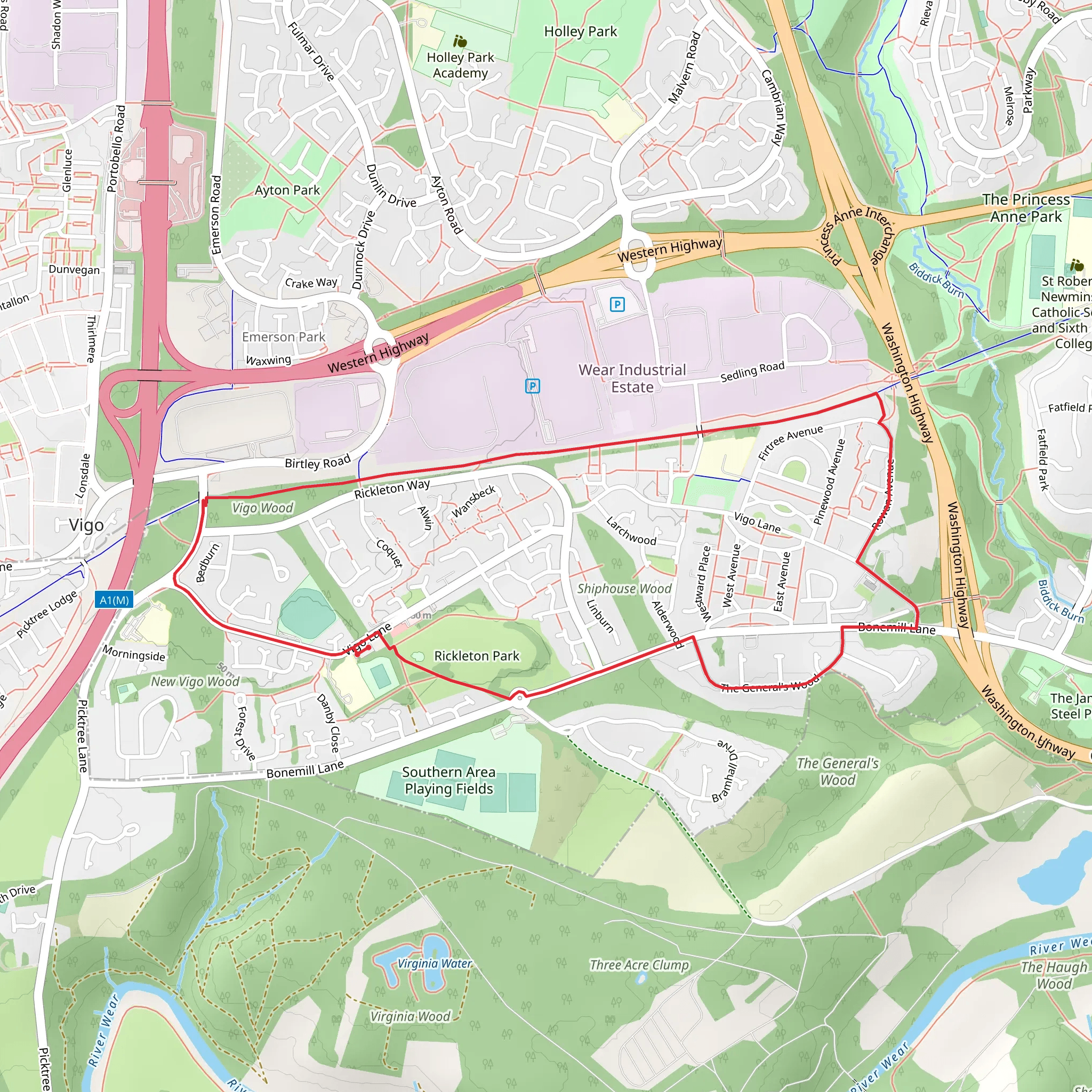 Vigo Wood, Shiphouse Wood and Rickleton Park Loop mobile static map