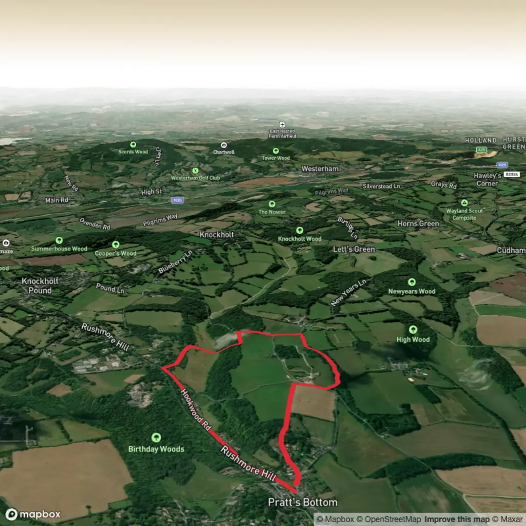 An image depicting the trail Kent: Short SW loop nr Pratts Bottom and its surrounding area.