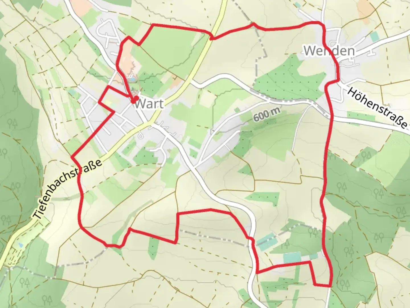 An image depicting the trail Wart and Wenden Dorfplatz Loop and its surrounding area.