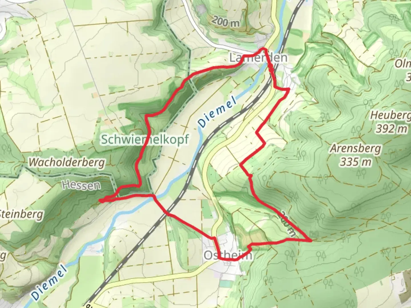 An image depicting the trail Lamerden to Ostheim Loop via Brunsholz and its surrounding area.