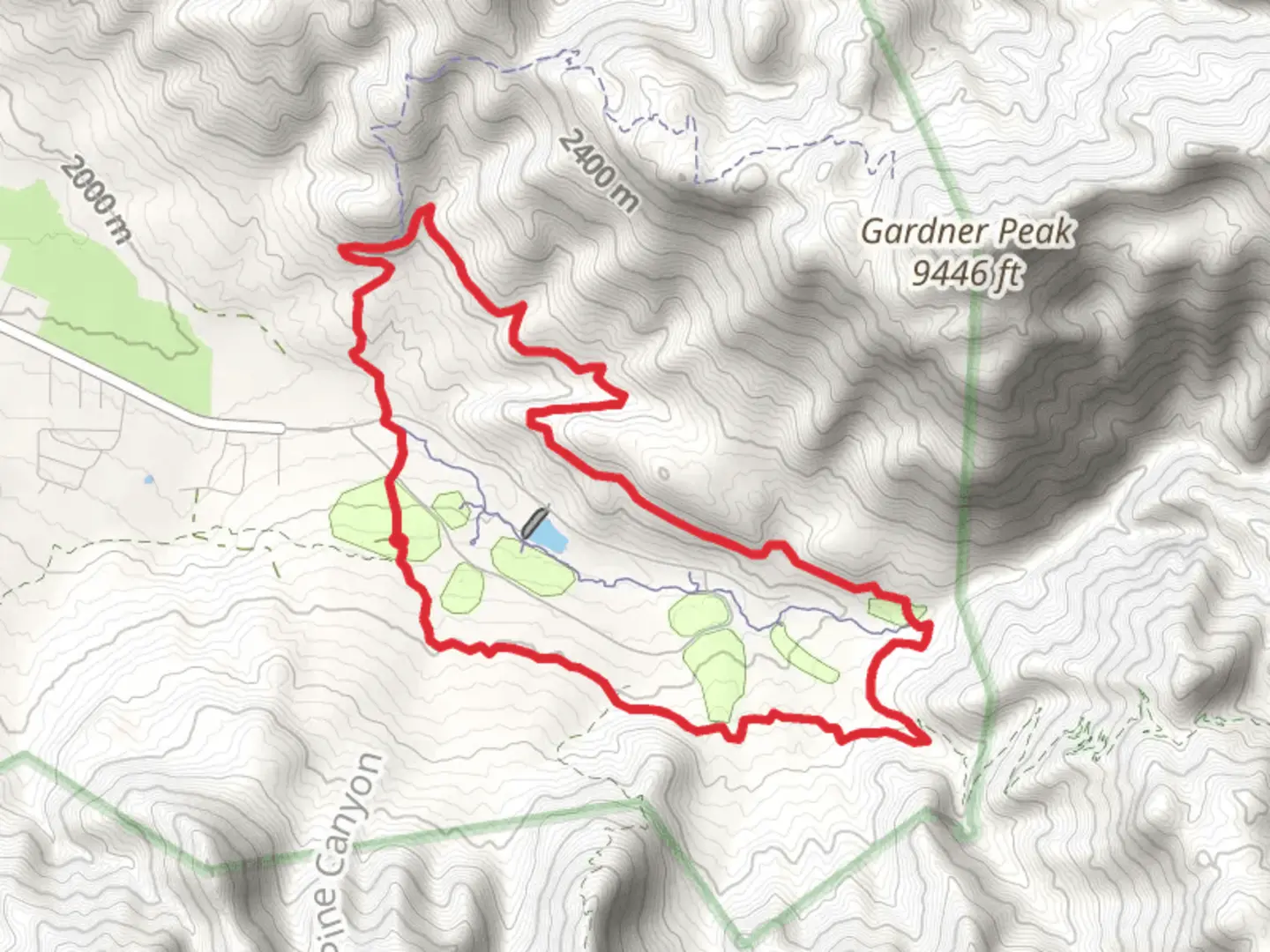 An image depicting the trail Gardner Peak Trail and Pine Valley Canal Trail and its surrounding area.