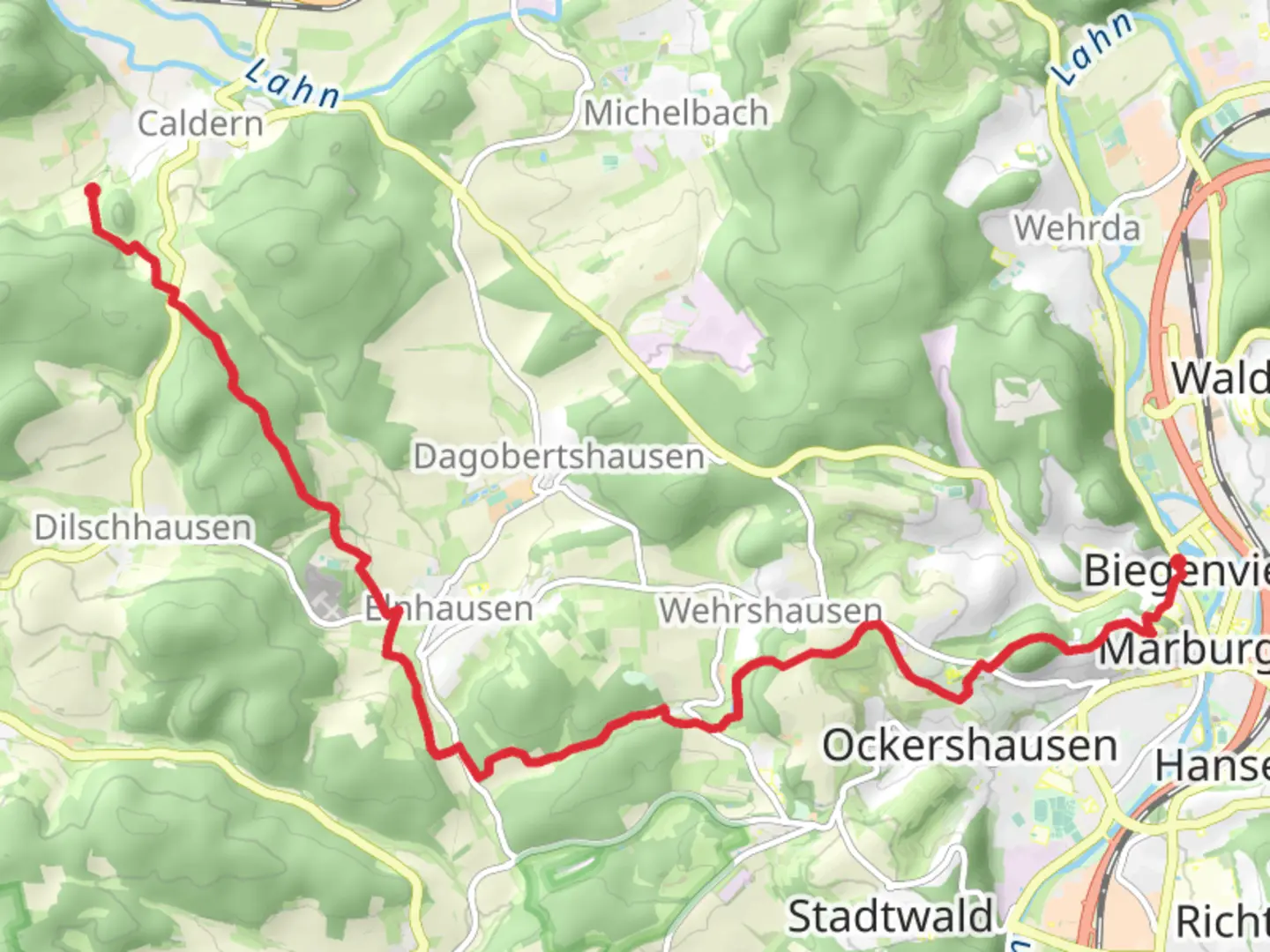 An image depicting the trail Caldern to Marburg via Rundwandrweg Rumpeltal and its surrounding area.