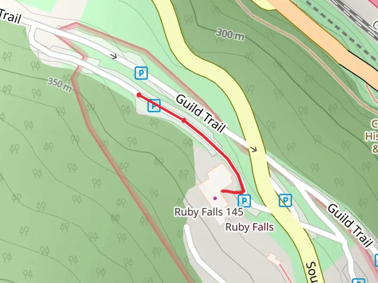 An image depicting the trail Ruby Falls and its surrounding area.