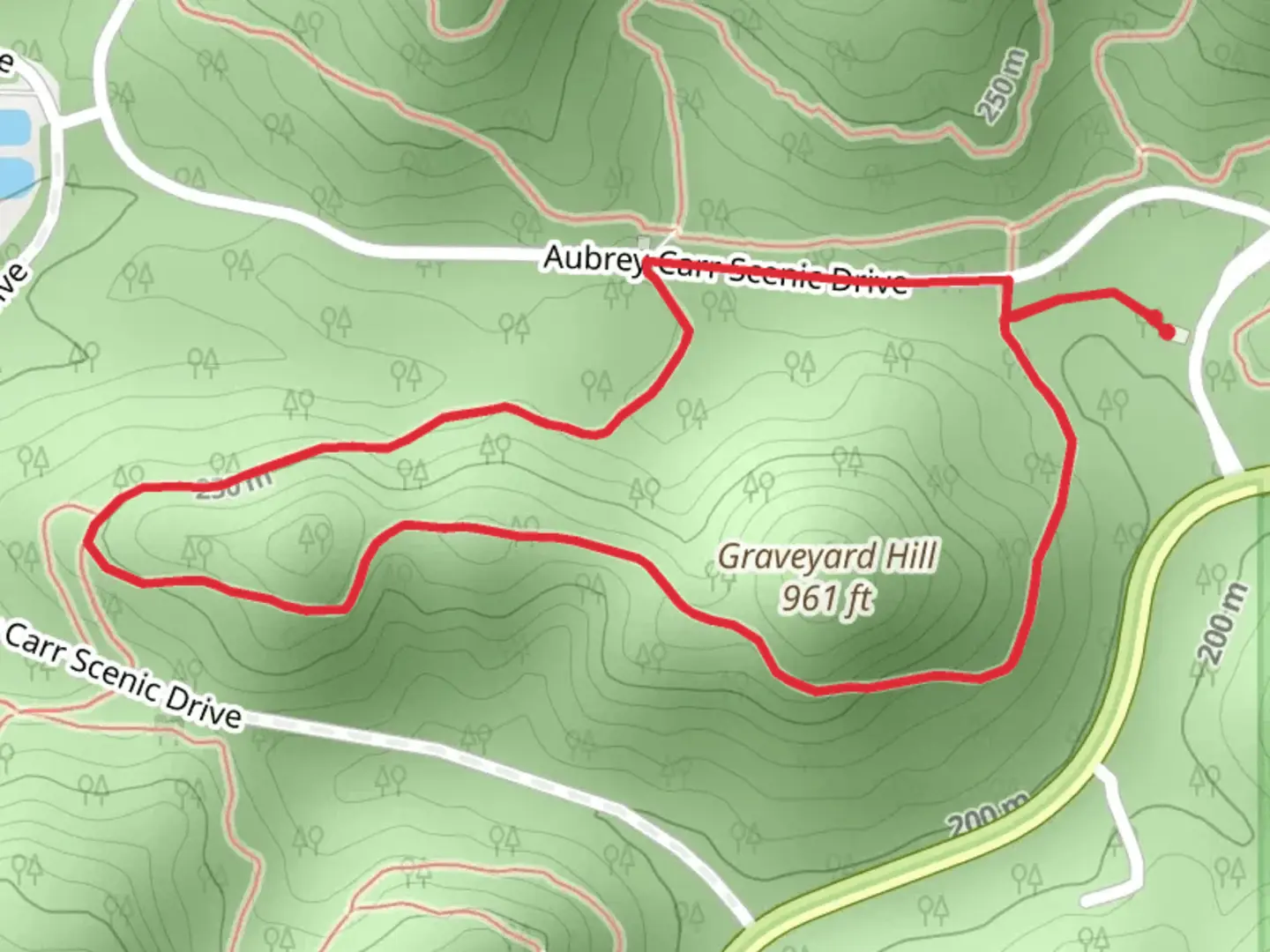 An image depicting the trail Graveyard Hill via Terrell Trail and King's Chapel Loop Trail and its surrounding area.