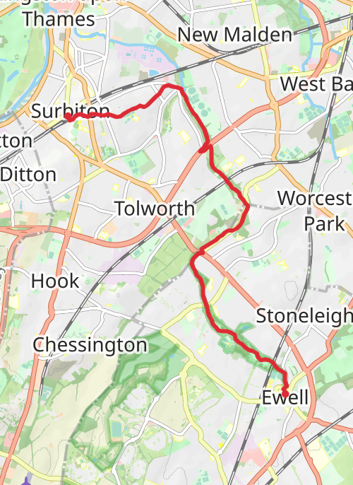 London - Hogsmill River walk - Surbiton to Ewell mobile static map