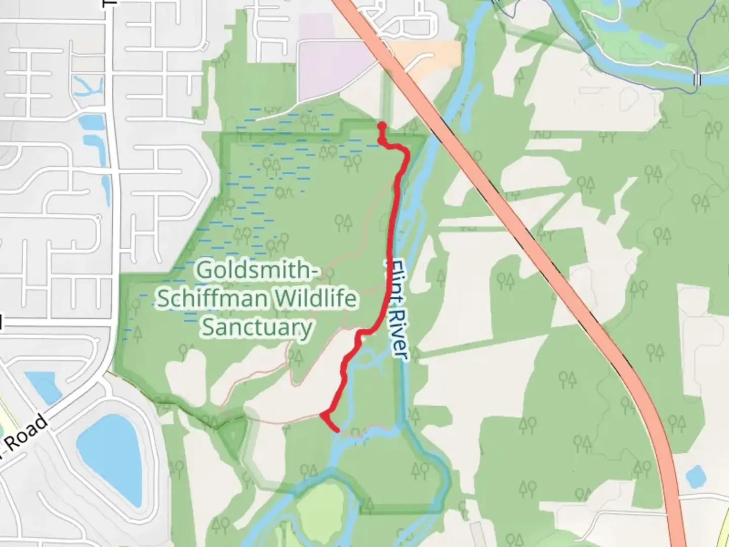 An image depicting the trail Deer Run Trail and Gravel Bar Trail and its surrounding area.