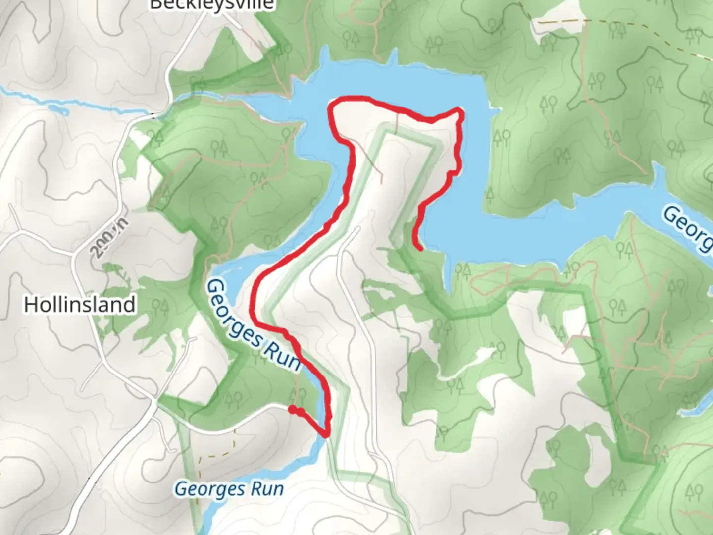 An image depicting the trail Georges Run Walk from Georges Creek Road and its surrounding area.