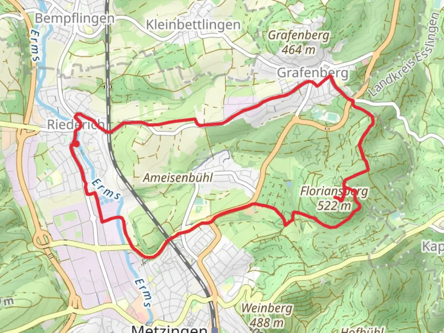 An image depicting the trail Floriansberg via Eduard-Moerike Weg and its surrounding area.