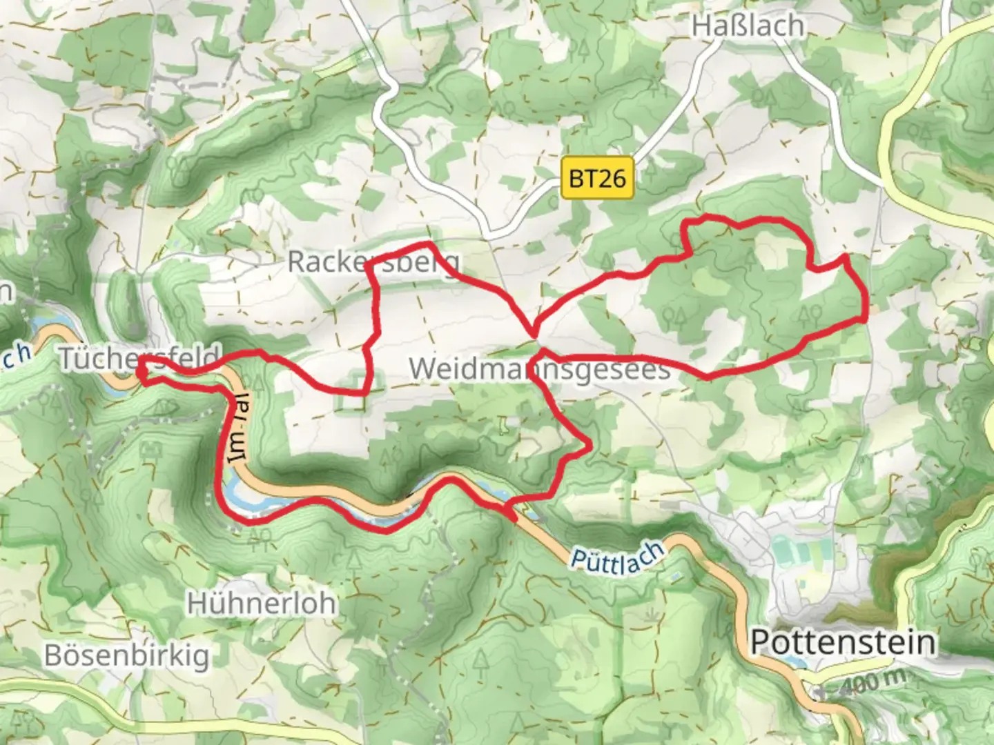 An image depicting the trail Haßlacher Rundwanderweg and Frankenweg Teil and its surrounding area.