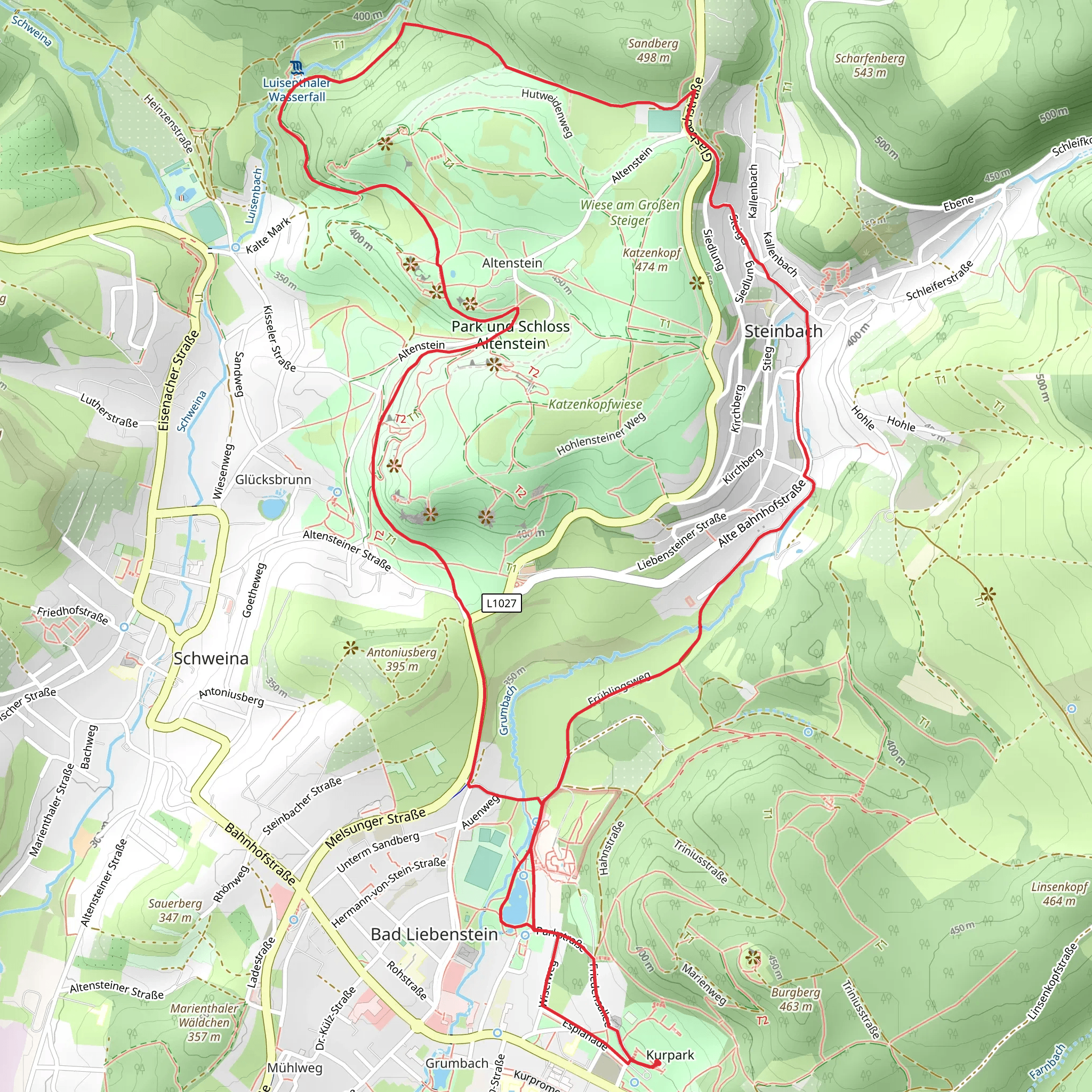 Elisabethpark, Schloss Altenstein, Luisenthaler Wasserfall and Hubertushof Loop mobile static map