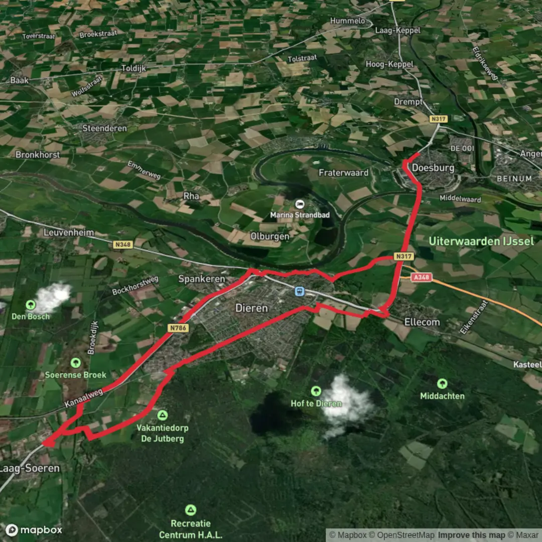 An image depicting the trail Kanaal Weg, Doesburgsedijk and Priesnitzlaan Loop and its surrounding area.