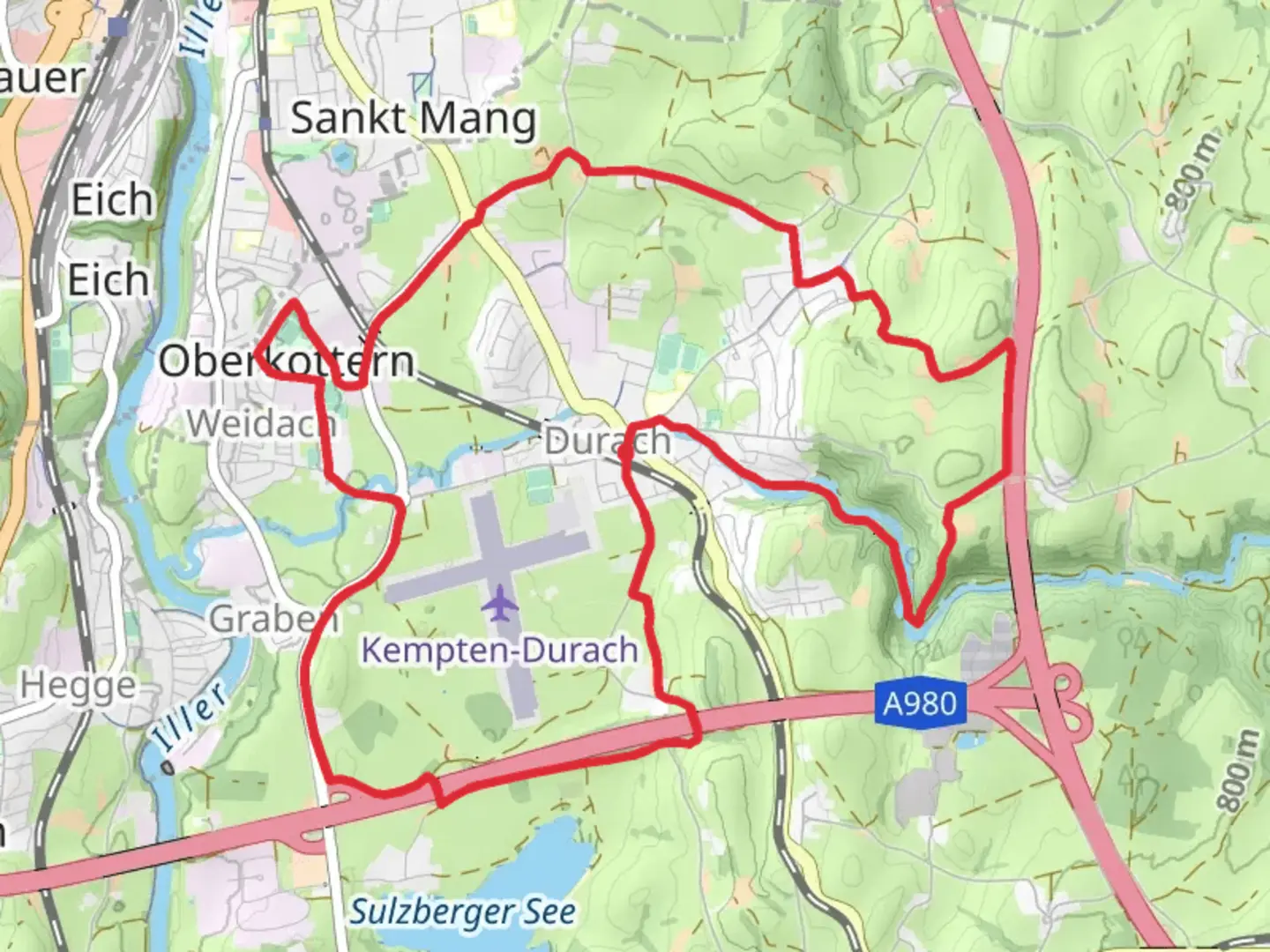 An image depicting the trail Durach and Sulzberg Loop and its surrounding area.