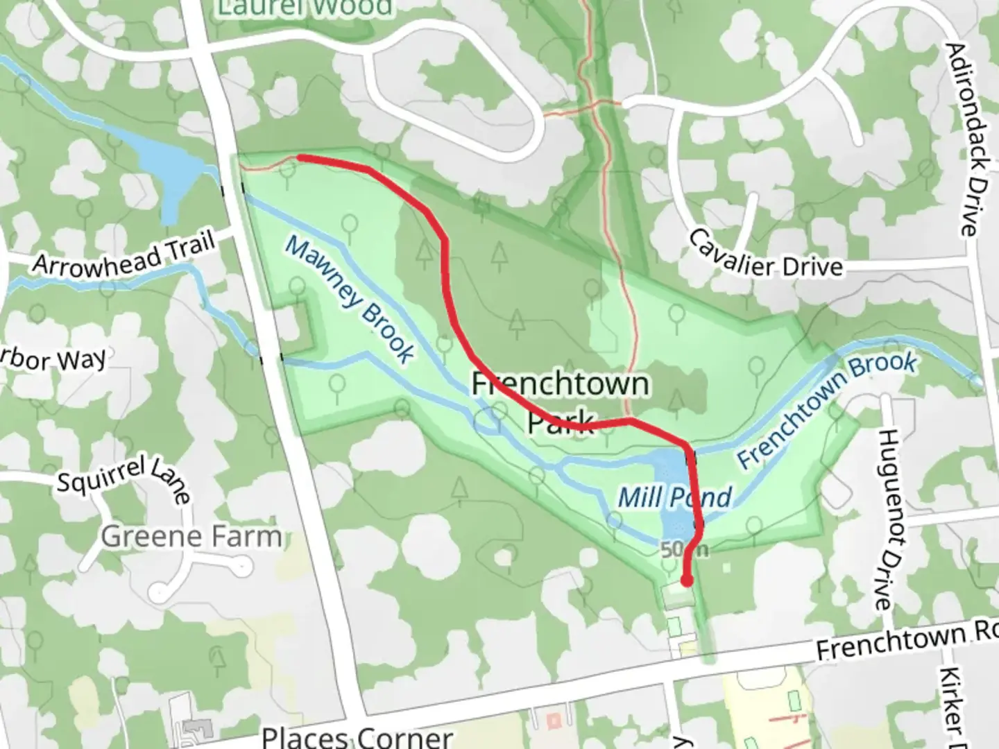 An image depicting the trail Mawney Brook and Mill Pond Walkalong and its surrounding area.